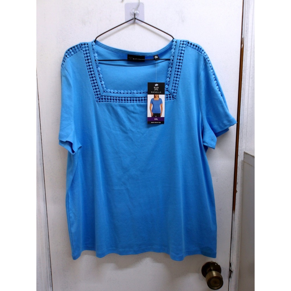 Rafaella Studio Womens XXL Blue Square Neck Crochet Lace Trim Top /#26804